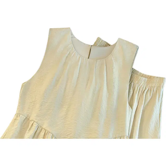 丝柏舍 圆领无袖上衣搭松紧高腰中长款半身裙纯色宽松两件套裙装套装 女款