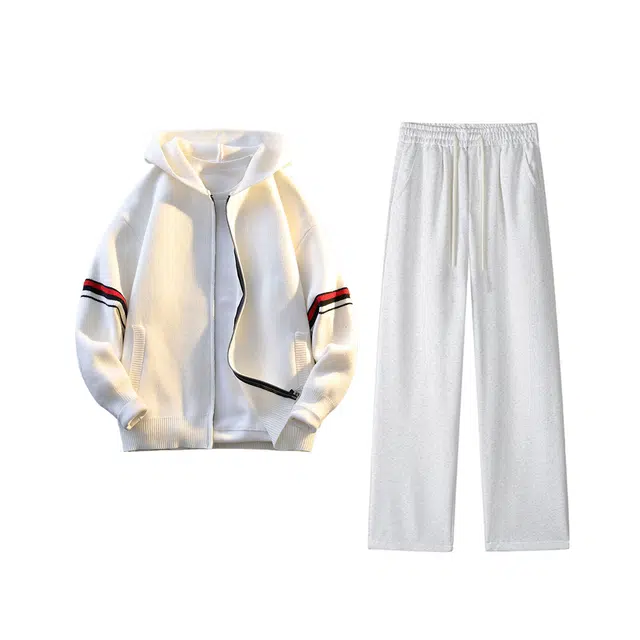 素杭 潮流宽松撞色织带条纹连帽针织开衫外套搭配松紧腰直筒长裤两件套帽衫上衣休闲运动套装 男女同款