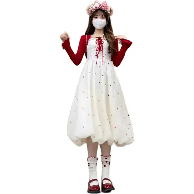 海獭 大码胖妹妹法式甜美少女碎花吊带连衣裙长裙开衫裙装套装两件套 女款