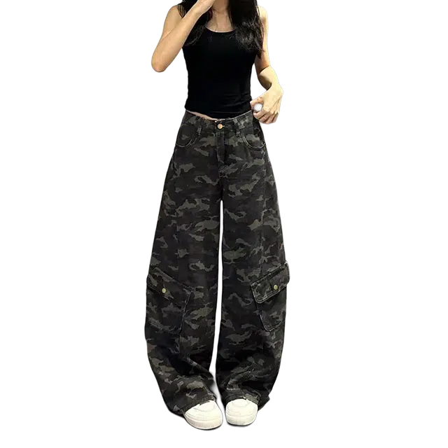 如续 秋季氛围感穿搭设计感美式迷彩辣妹弯刀裤百搭显瘦多口袋阔腿休闲裤长裤加长工装裤 女款