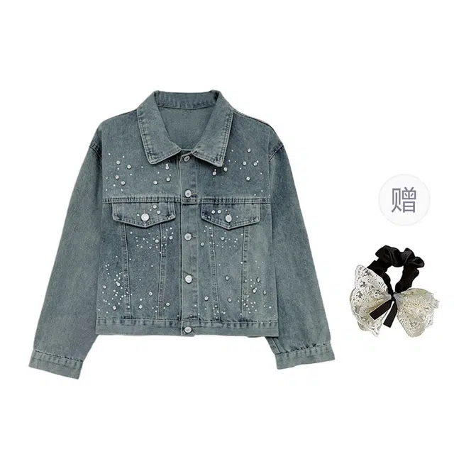 涂诗菲 美式小众休闲时尚百搭宽松慵懒风复古高级感手工烫砖设计感翻领长袖牛仔外套 女款