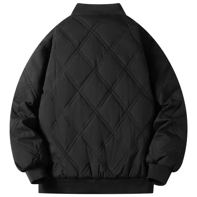 吾皇猫 美式嘻哈菱形格子设计简约字母印花宽松休闲外套飞行员夹克舒适棒球领单排扣百搭加绒加厚保暖秋冬季棉衣棉服 男女同款
