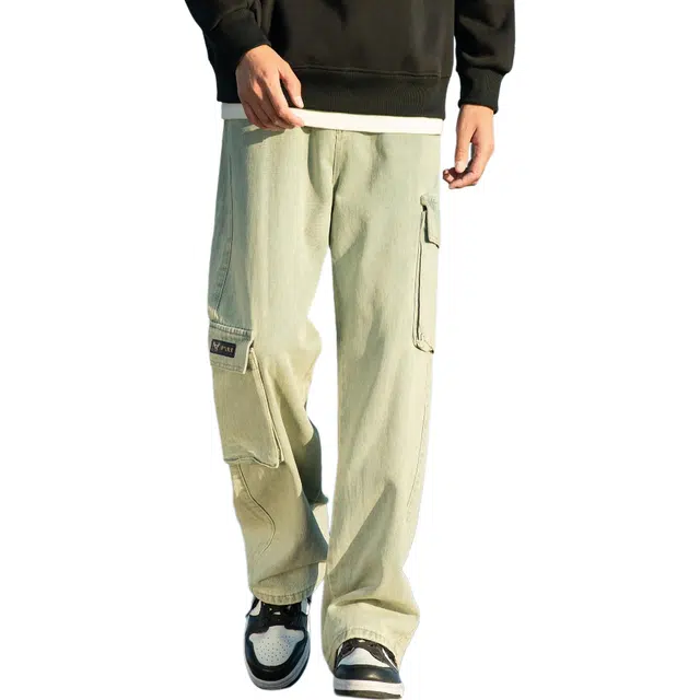 洋气先生 美式简约纯色嘻哈街头水洗做旧不对称工装口袋垂感阔腿慵懒潮流基础款宽松百搭休闲直筒日常运动通勤牛仔裤 男女同款