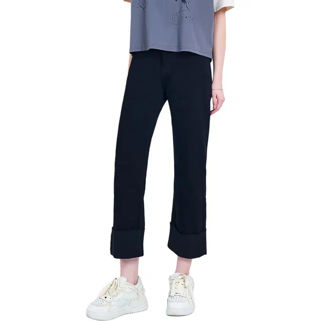 木果果木 秋季 百搭休闲直筒裤纯色牛仔裤 高腰 女款