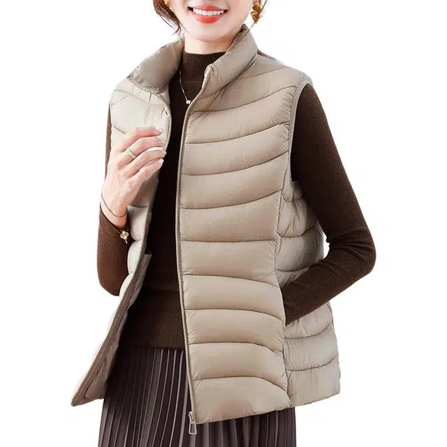 缪斯的诱惑 秋冬经典时尚优雅纯色简约轻便舒适运动休闲日常显瘦洋气减龄百搭拉链棉衣开衫坎肩背心马夹加绒加厚保暖轻薄波浪立领棉马甲 女款