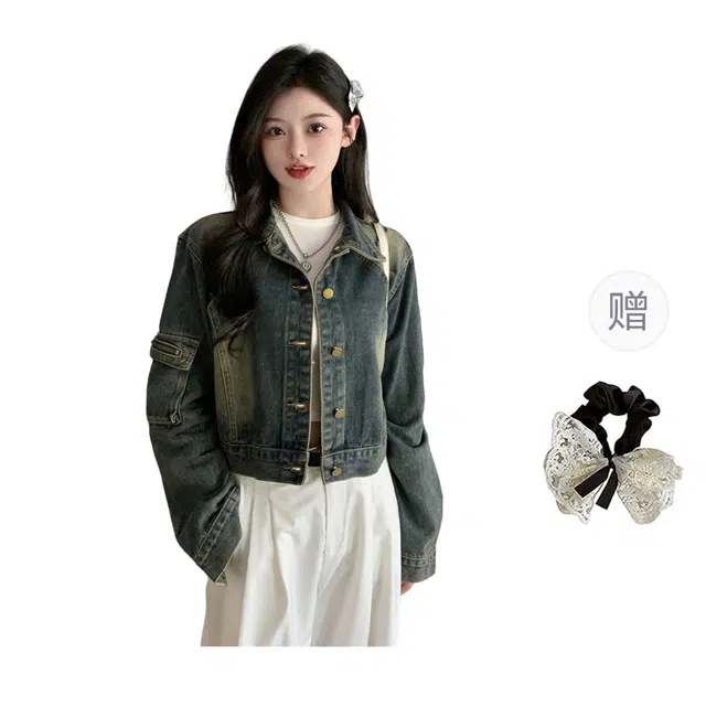 涂诗菲 韩版港风复古潮流休闲时尚百搭宽松慵懒风高级感翻领长袖牛仔外套 女款