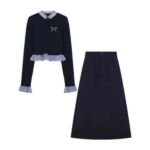 望莱仕 韩系学院风木耳边假两件格子针织衬衫上衣女秋冬高腰半身长裙裙装套装 女款