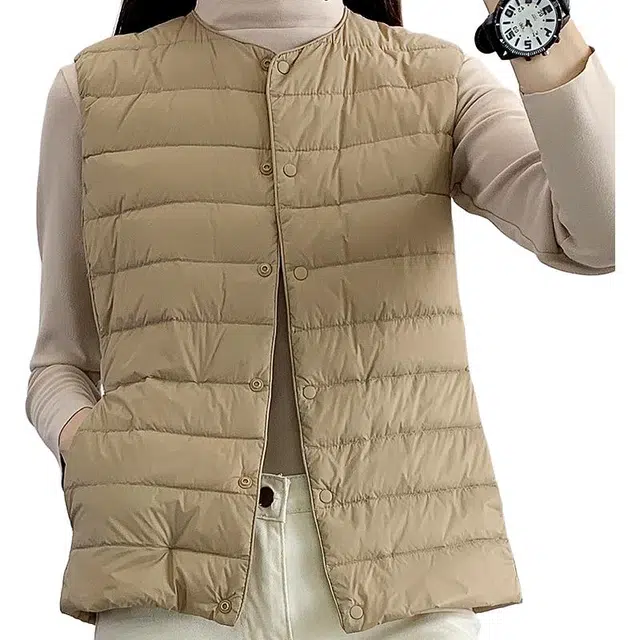 缪斯的诱惑 美式潮流高街纯色基础款简约圆领舒适单排扣轻便运动户外防风保暖无袖坎肩轻薄羽绒马夹开衫夹克外套时尚休闲通勤百搭马甲 女款