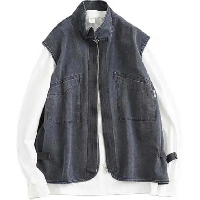 宫奴 日系休闲潮牌复古水洗做旧设计感宽松机能牛仔马甲 男女同款