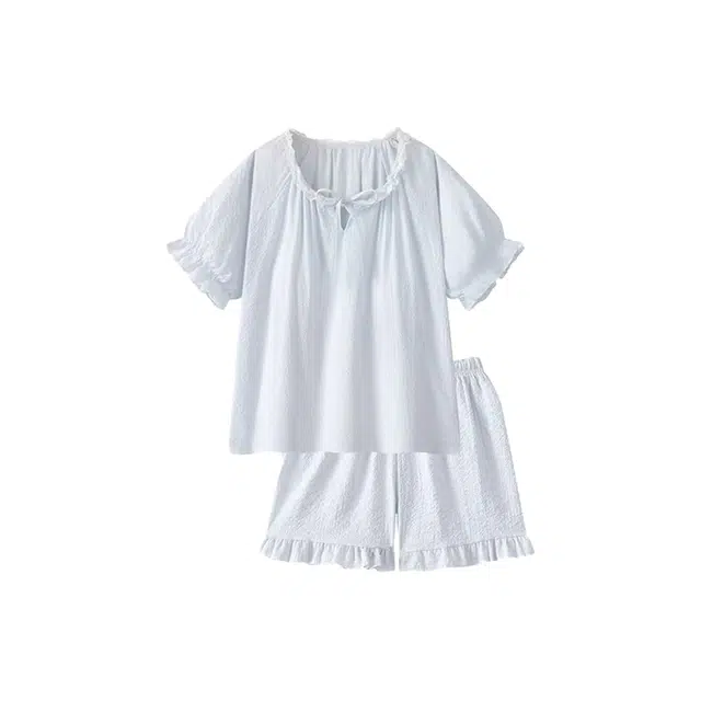 静英鸾 休闲舒适简约透气宽松圆领花边设计家居服睡衣套装 女款