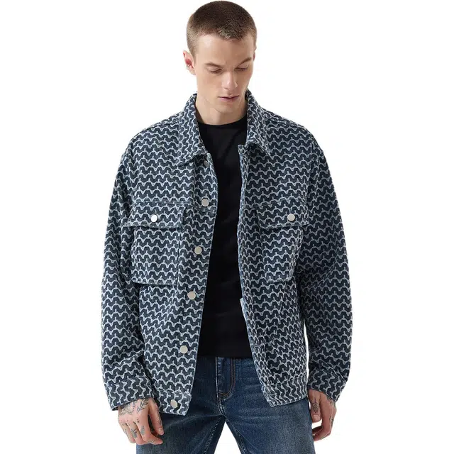 逆腾 秋季纯棉提花工装夹克男潮流高级感宽松男士轻奢翻领牛仔外套 男女同款