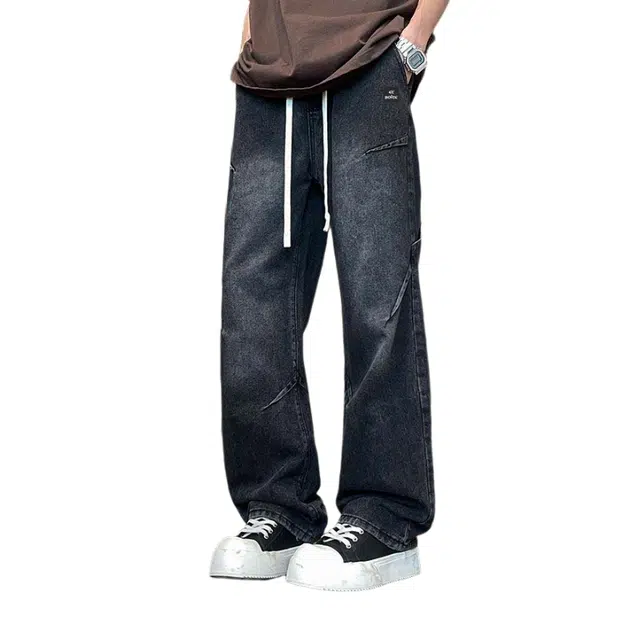 法文箱子 秋冬美式高街大码宽松直筒休闲潮流百搭打折抽绳牛仔裤 男款
