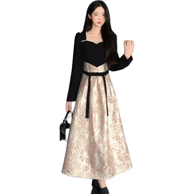 古莲菲 秋冬气质洋气法式季重工高级感钉珠提花拼接轻奢礼服长袖连衣裙 女款