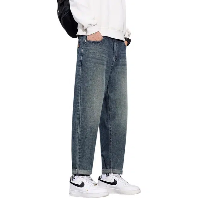 协协乐 美式复古做旧水洗锥形九分裤春秋季潮牌宽松直筒青少年痞帅百搭休闲运动长裤牛仔裤 男款