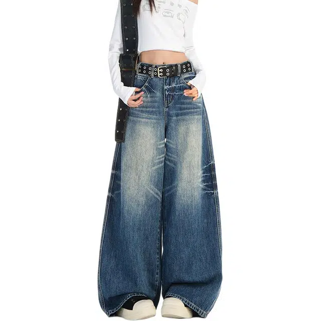 如续 复古蓝高腰猫须扎花重工艺阔腿垂感显瘦宽松拖地牛仔裤 女款