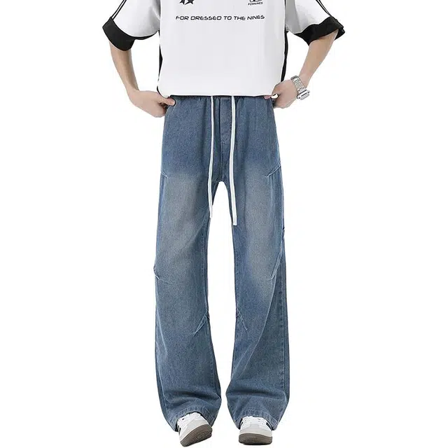 马员外 潮流青春时尚美式弯刀高街复古微喇宽松百搭牛仔裤 男款