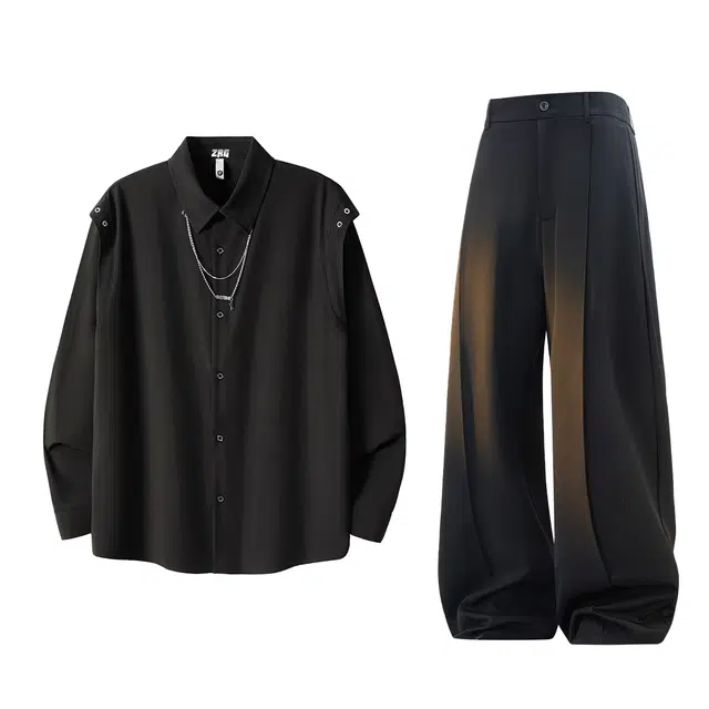 梓润格 秋季美式潮流复古街头感翻领链条设计长袖衬衣高级简约氛围感日常宽松时尚舒适百搭学院风高街休闲直筒显腿长阔腿裤套装 男女同款