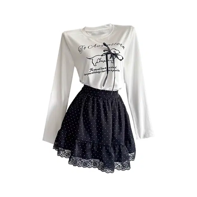 敲模女孩 法式慵懒风正肩印花宽松上衣高腰波点时尚百搭修身显瘦短裙裙装套装 女款