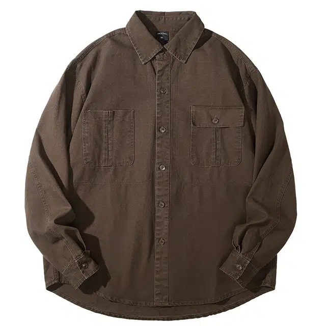 米素力 纯棉长袖秋季纯色落肩袖休闲风衬衫 男女同款