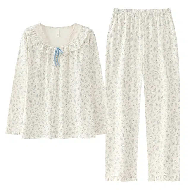 俏佳人 纯棉套头圆领公主风宽松休闲家居服碎花柔软亲肤舒适透气长袖长裤睡衣套装 女款