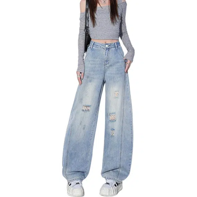 如续 破洞阔腿宽松弯刀香蕉裤气质通勤牛仔裤 女款