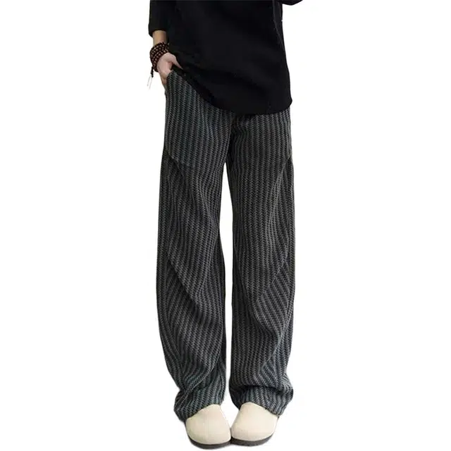 黑马漫画 鱼骨纹垂感裤子男秋季小香风条纹褶皱休闲裤 男女同款