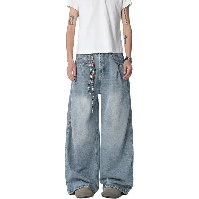 佐菲利 美式复古侧边褶皱水洗做旧潮牌宽松直筒休闲裤子牛仔裤 男女同款