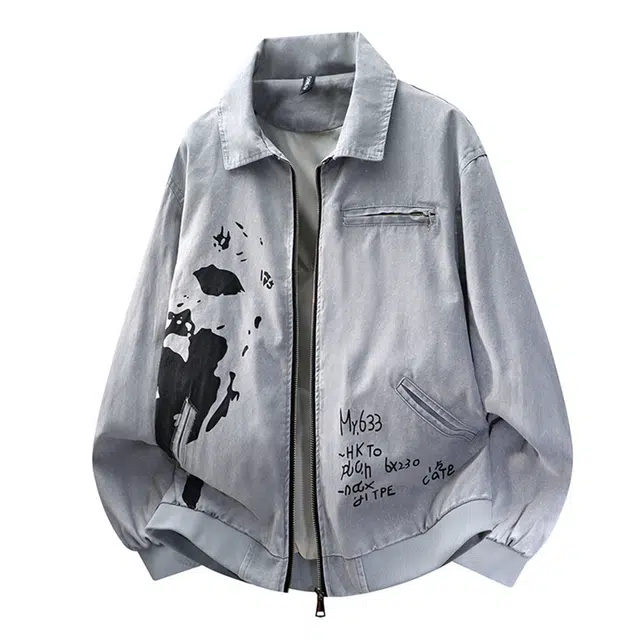 稻草人 青少年美式休闲时尚个性涂鸦夹克字母印花宽松潮流设计感长袖上衣春秋翻领牛仔外套 男女同款