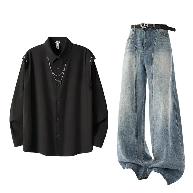 梓润格 秋季美式潮流街头感简约翻领链条设计长袖衬衣纯色高级氛围感宽松百搭日常无性别主义高街垂感阔腿直筒裤套装 男女同款