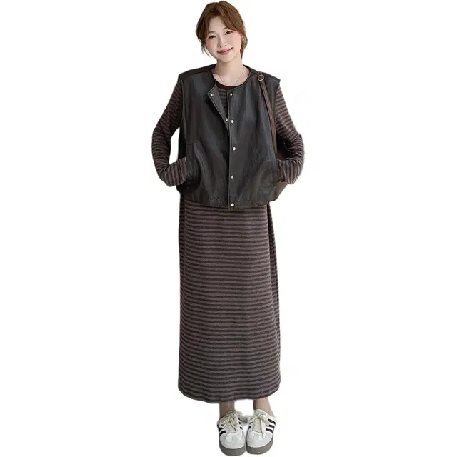 稻草人 皮衣马甲整套穿搭减龄条纹长袖连衣裙两件套裙装套装 女款