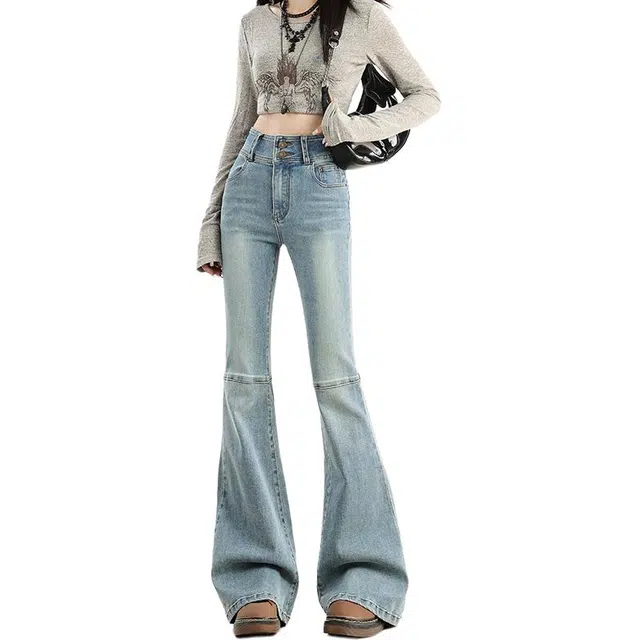 如续 弹力高腰双扣阔脚喇叭显瘦百搭拖地牛仔裤 女款