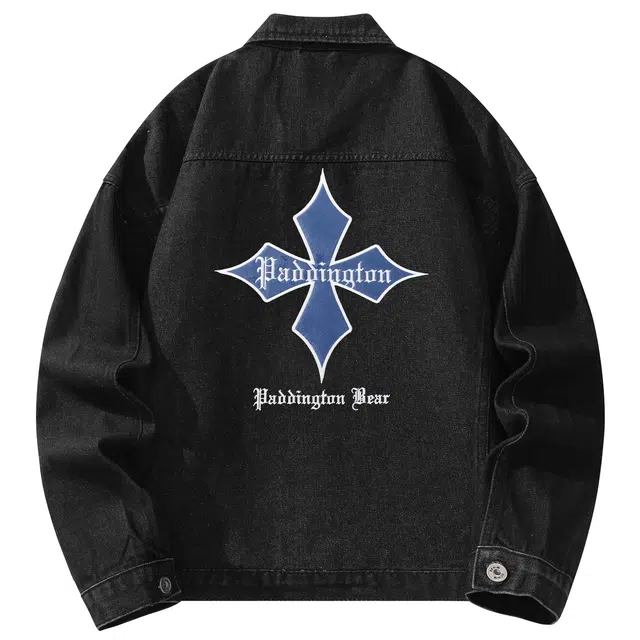帕丁顿熊 美式复古哥特字母贴布刺绣学院风日系单排扣水洗基础款简约工装大口袋宽松休闲百搭翻领长袖夹克牛仔外套 男女同款