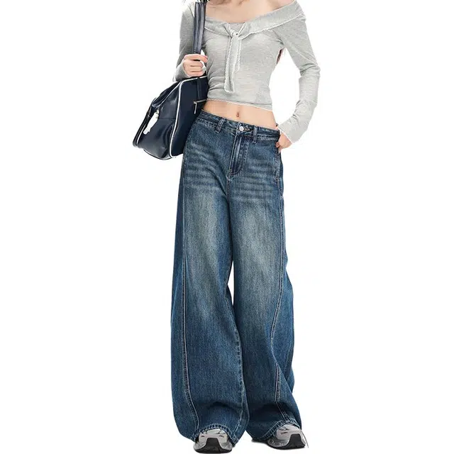 如续 复古蓝高腰猫须磨白设计感柔软亲肤提臀显瘦垂感阔腿牛仔裤 女款
