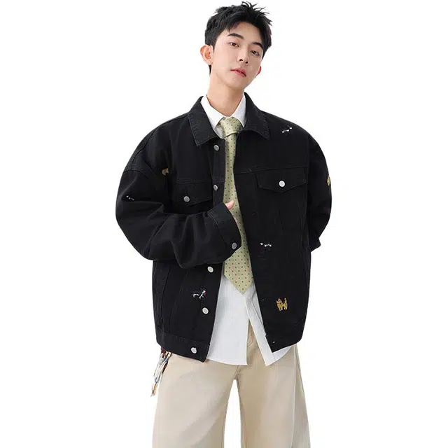 佐菲利 美式复古小狗刺绣潮牌高级感痞帅休闲翻领夹克牛仔外套 男女同款
