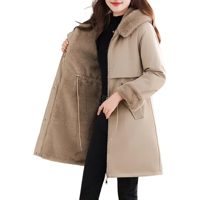 缪斯的诱惑 美式高街复古风时尚潮流两穿可拆卸大毛领防风中长款收腰显瘦抗寒保暖防钻绒休闲夹克棉服外套加绒加厚百搭连帽双面穿派克服 女款