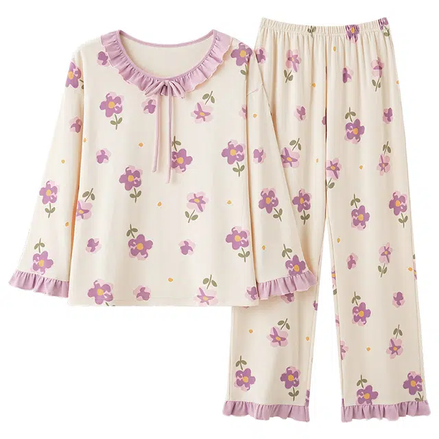 莫代尔 春秋季轻盈透气百搭圆领套头舒适轻柔长袖长裤家居服可外穿女士睡衣套装 女款