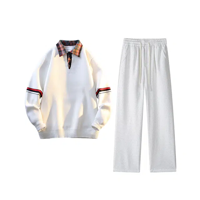 素杭 潮流宽松时尚袖子条纹织带翻领长袖针织衫上衣搭配基础纯色松紧腰直筒裤两件套无性别主义情侣穿搭休闲运动套装 男女同款