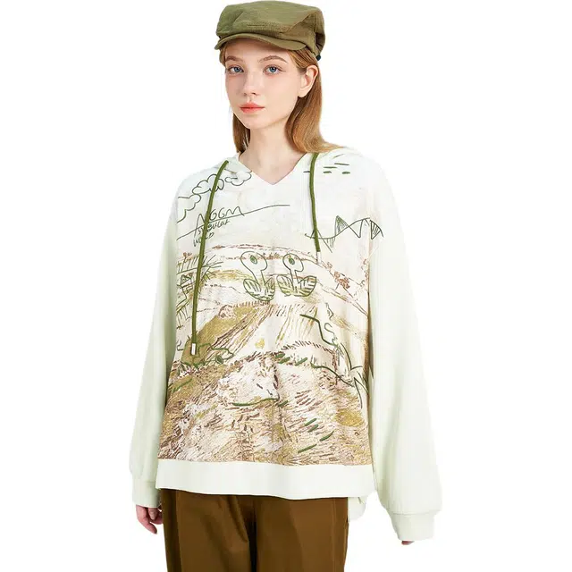 木果果木 秋季 手绘涂鸦风拼接植物花卉常规长袖通勤卫衣 宽松 女款