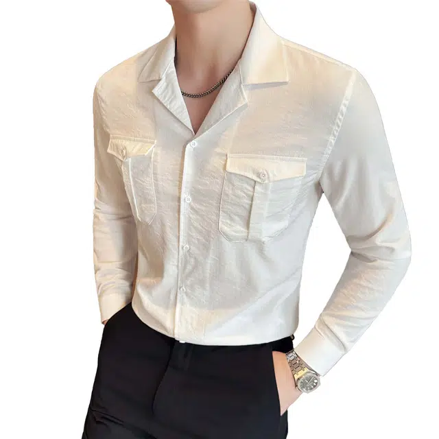 艾梵斯贝 轻奢高级感古巴领双口袋装饰棉质设计感英伦风衬衣休闲商务百搭帅气成熟免烫修身日常通勤正装长袖衬衫 男款