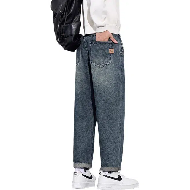 协协乐 美式复古做旧水洗锥形九分裤春秋季宽松直筒潮牌青少年百搭痞帅休闲运动长裤牛仔裤 男款