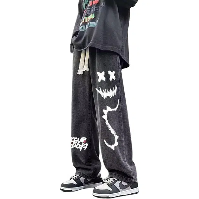 邦固依品 美式印花春季宽松大码筒裤潮流高街休闲潮男裤子春秋款牛仔裤 男款