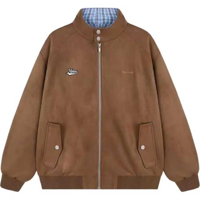 爱肯 美式高街复古纯色格子拼接日常百搭宽松休闲撞色潮流时尚无性别主义痞帅高级感通勤柔软舒适垂感有型立领外套夹克 男女同款