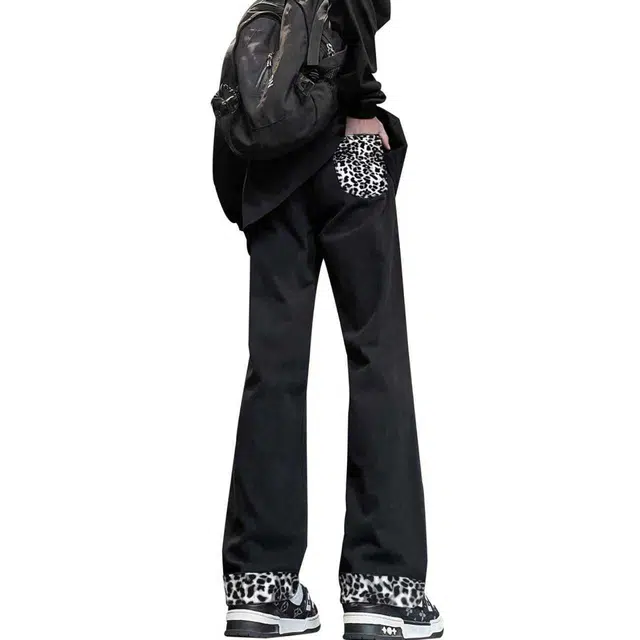 【豹富豹帅豹时尚】布客行 麂皮绒豹纹拼接美式复古高街垂感显高显瘦显腿长直筒弹力柔软舒适休闲百搭水洗做旧微喇阔腿牛仔裤 男女同款