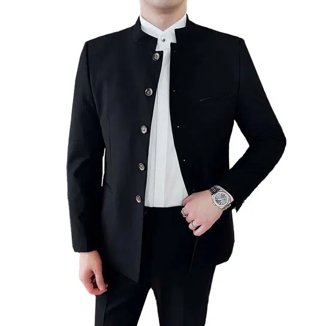 艾梵斯贝 高端轻奢立领单排扣中山装商务休闲正装修身宴会婚礼韩版绅士高级感品质职业装两件套西装套装 男款