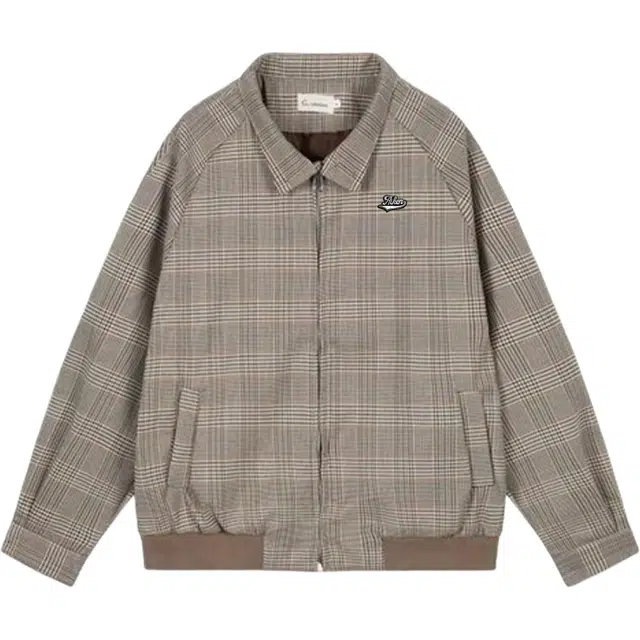 爱肯 千鸟格纹立领纽扣系带拼接撞色设计简约时尚百搭美式复古潮流痞帅高级感舒适日常户外通勤防风保暖夹克 男女同款