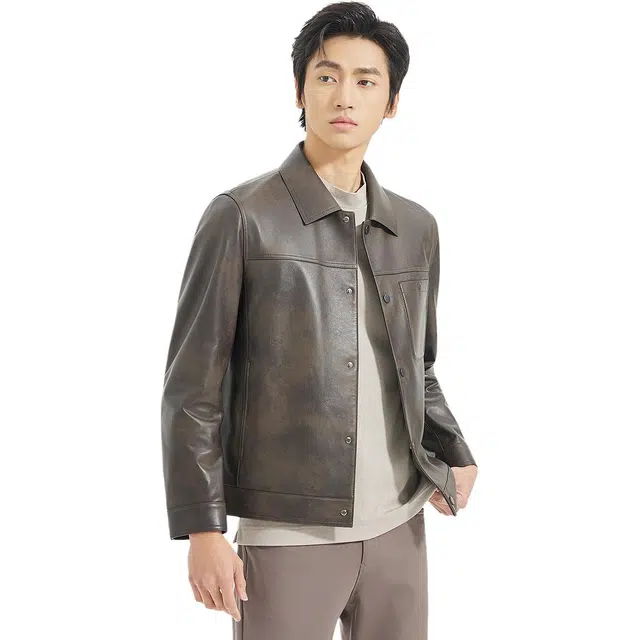 利郎 都市休闲翻领时尚潮流云雾皮短款口袋装饰秋季皮衣 男款