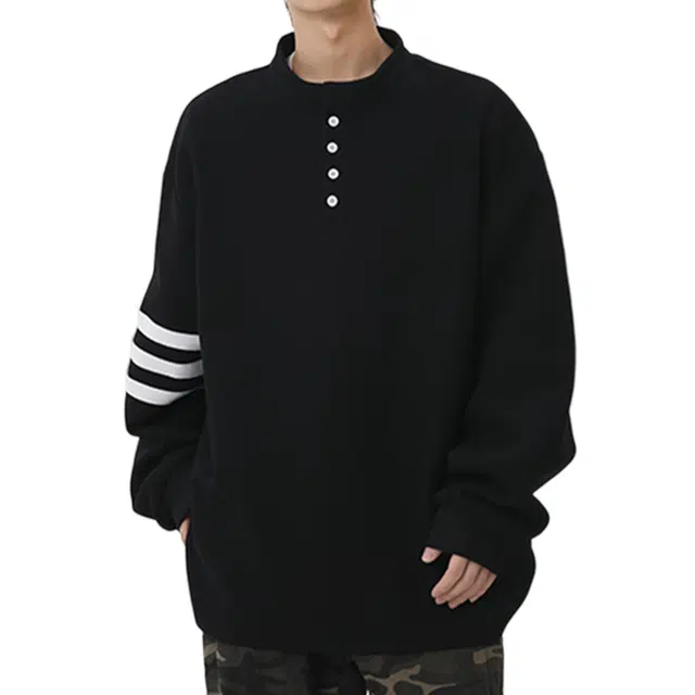 冈哉 三条杠条纹纯色半开襟上衣设计美式复古撞色潮流高级感休闲宽松学院风日常百搭圆领长袖卫衣 男女同款