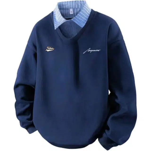 爱肯 美式高街宽松条纹慵懒风韩版长袖翻领落肩袖拼接手写签名字母印花设计感假两件日常通勤休闲无性别主义卫衣 男女同款