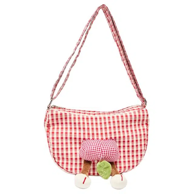 三福 活力萌趣立体玩偶多巴胺百搭饺子包斜挎包 尼龙 单肩包 中号 女款 红色格子