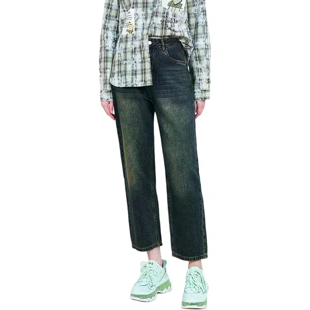 木果果木 秋季 复古休闲风做旧高腰牛仔裤 宽松 女款